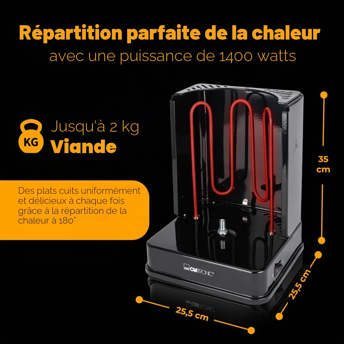 Clatronic® Döner Multigrill | Parfait pour les gyros, kebabs & Co | Gril gyros pour griller sans graisse à la maison | Gril à kebab Incl. tournebroche & 6 brochettes de viande | DVG 3686