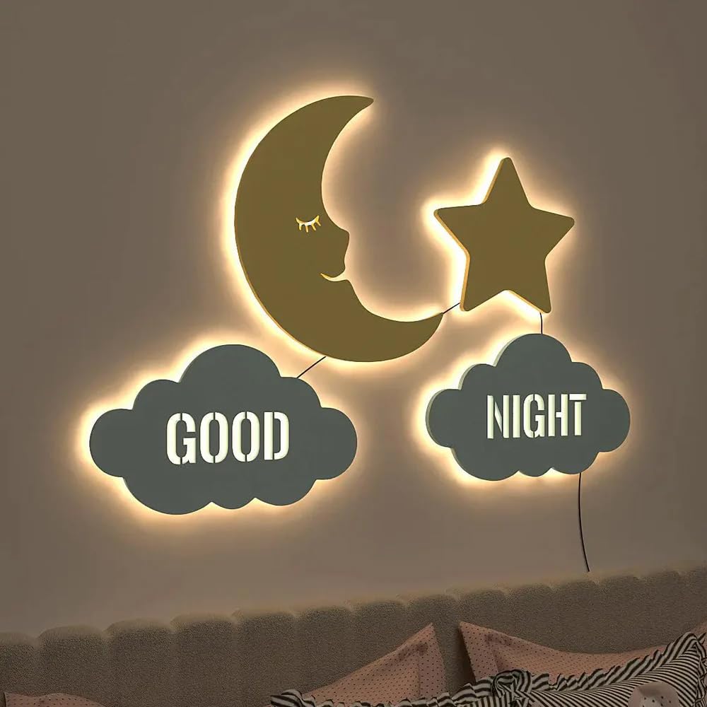 DEKORSTATION Good Night Moon & Star Wooden Wall Decorative Backlit for Kids Room Décor