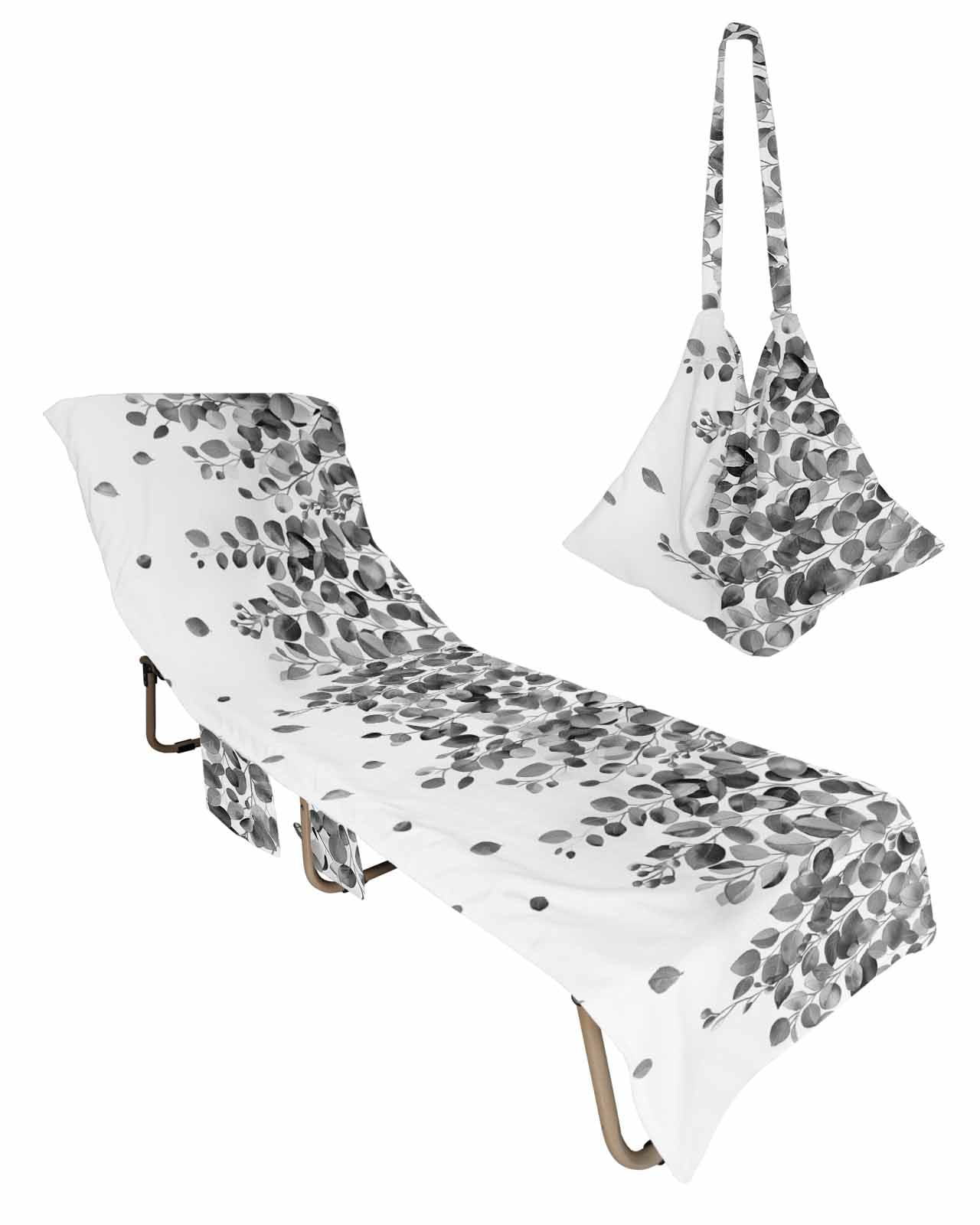 Eucalyptus Black Beach Chair Towel Covers for Chaise Lounge with Side Pocket, Soft Plush Pool Towels Cover for Patio Sunbathing Outdoor Watercolor Spring Botanical Leaves White 29''x85''