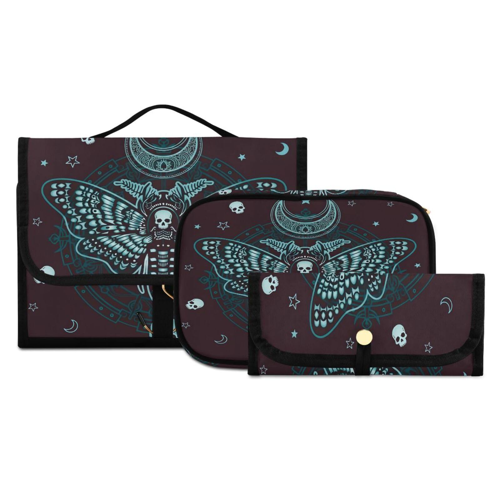 MNSRUU Kulturbeutel Schmetterling Beige Hängende Make-up Reisetasche für Toilettenartikel 3 Stück Kulturbeutel Organizer Taschen Tragbares Klares Toilettenartikel-Set, Totenkopf 09, Einheitsgröße