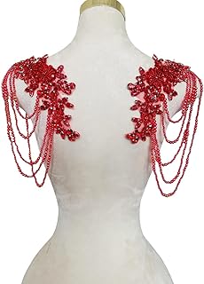 1 Pair Beaded Rhinestones Applique Embellishment for Clothes Epaulettes Shoulder Patches Sew-on Diamond Sequin Tassels Applique for Wedding Dress DIY Accessories 9.8X10.2inches (Red)