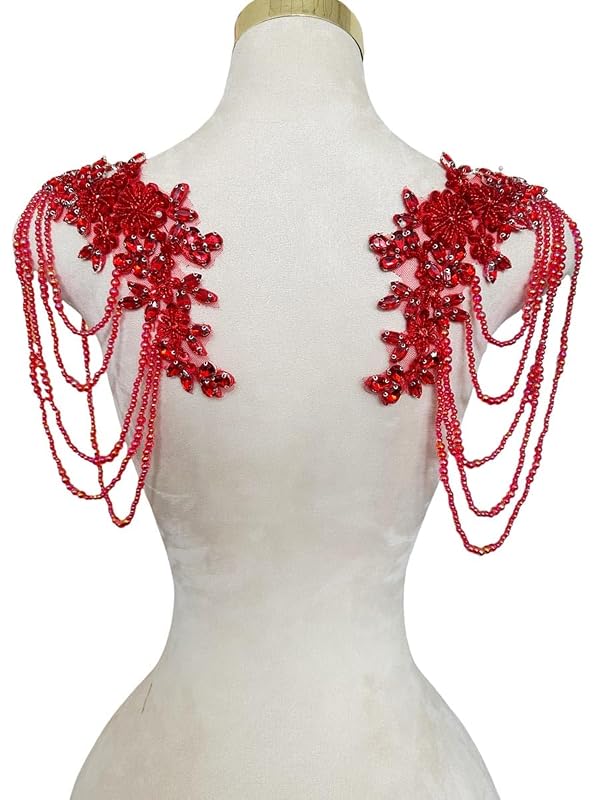 Handmade 1Pair Epaulettes Shoulder Patches for Dress Beaded Rhinestones Appliques Embellishments Sew-on Diamond Sequin Applique (Red) by BDACY.HCMY - Used condition - Image 2