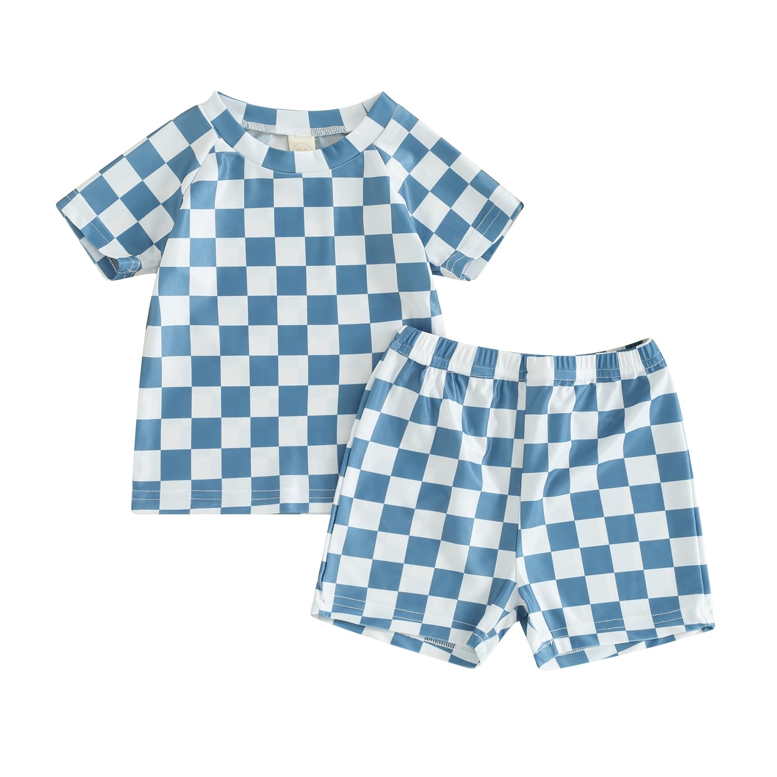 Toddler Boy Two Piece Swimsuit Checkered Short Sleeve top Trunk Rashguard Swimwear Boy Sun Protection Beach Clothing (Blue, 18-24 Months)