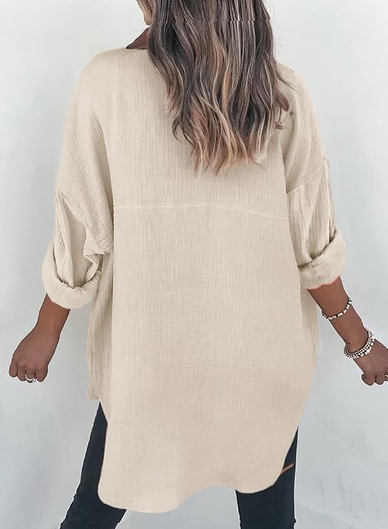 Dokotoo Women’s Blouse Muslin Long Sleeve Cotton Casual Top Shirt Color Block Tops Plain Tops Shirt Jacket S-XXL