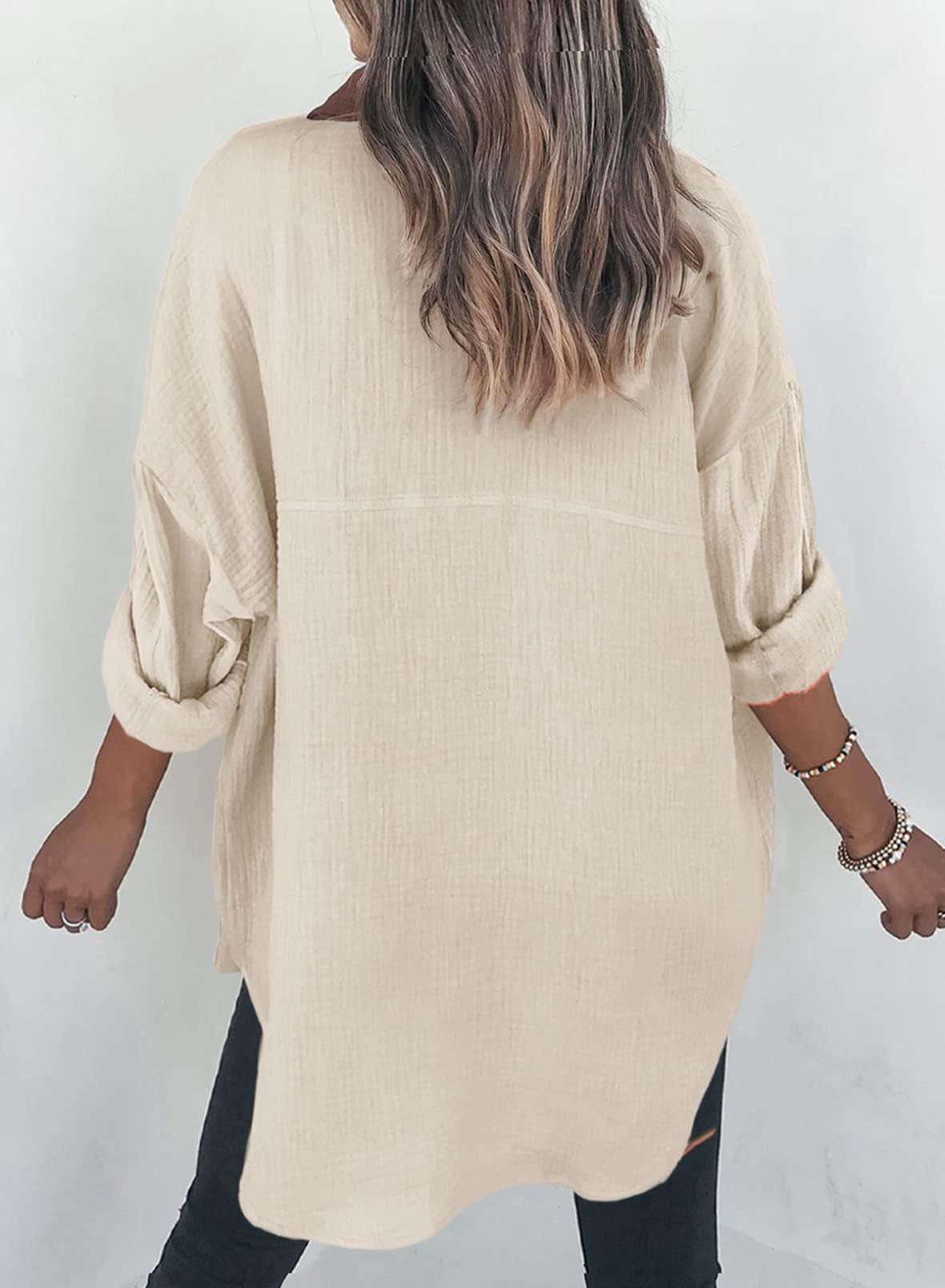 Dokotoo Bluse Damen Musselin Langarmshirt Baumwolle Lässig Oberteile Hemd Langarm Einfarbig Tops Farbblock Shirts Hemdjacke S-XXL