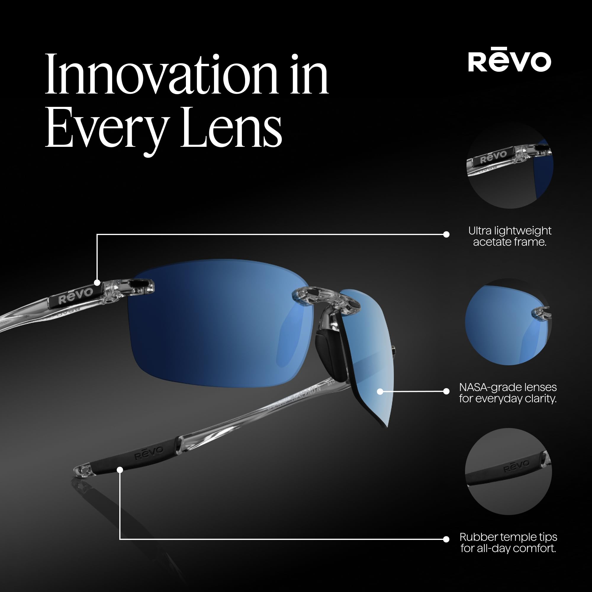 Revo Occhiali da sole Descend N: filtri per lenti polarizzate UV, montatura rettangolare senza montatura, montatura in cristallo con lenti blu acqua