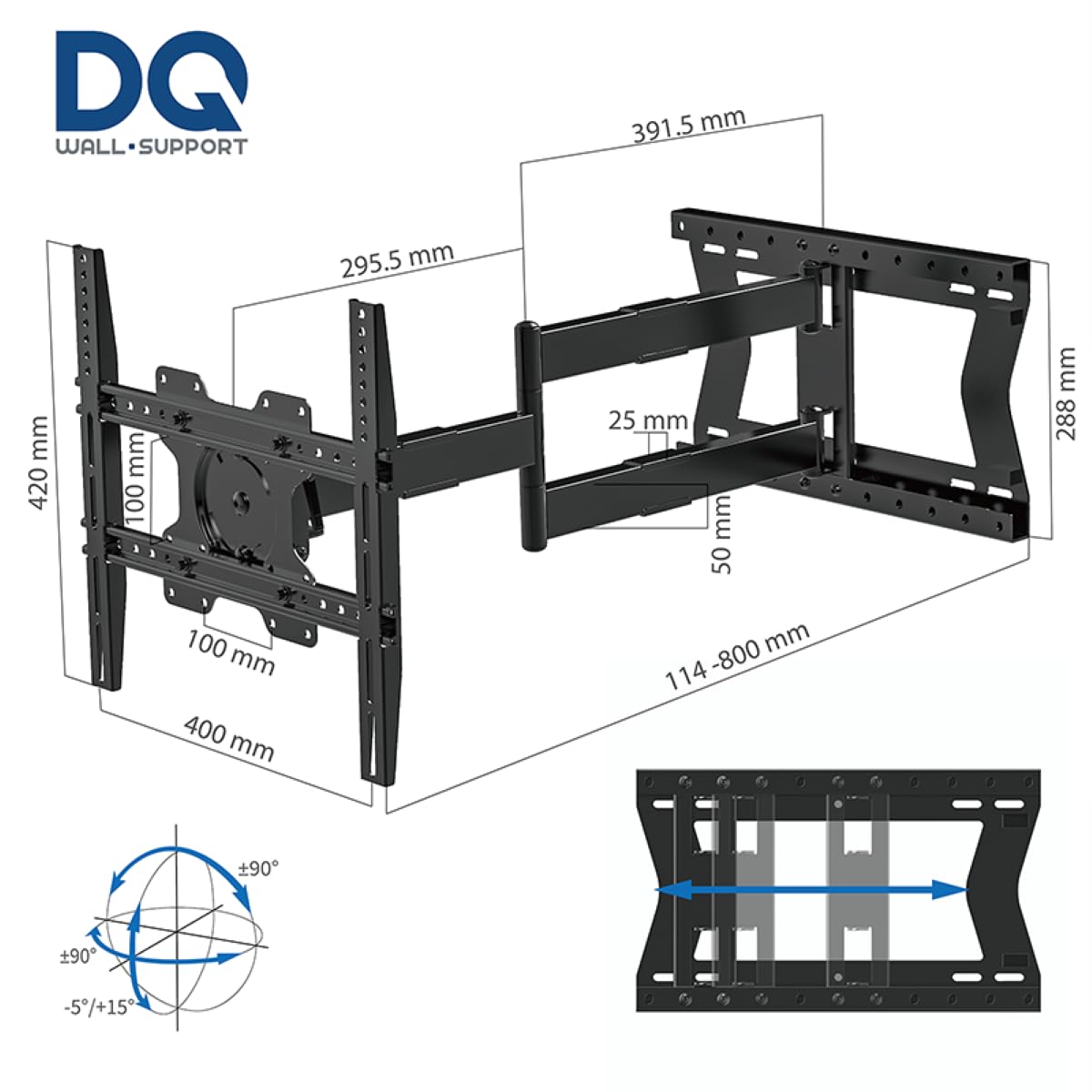 DQ Hercules Flex 80 cm uchwyt ścienny do telewizora, ramię przegubowe, długość do 80 cm, przedłużenie, wychylenie, przechylanie, obracanie, obrót, TV ok. 27-75 cali do 60 kg, do VESA 400 x 400 mm