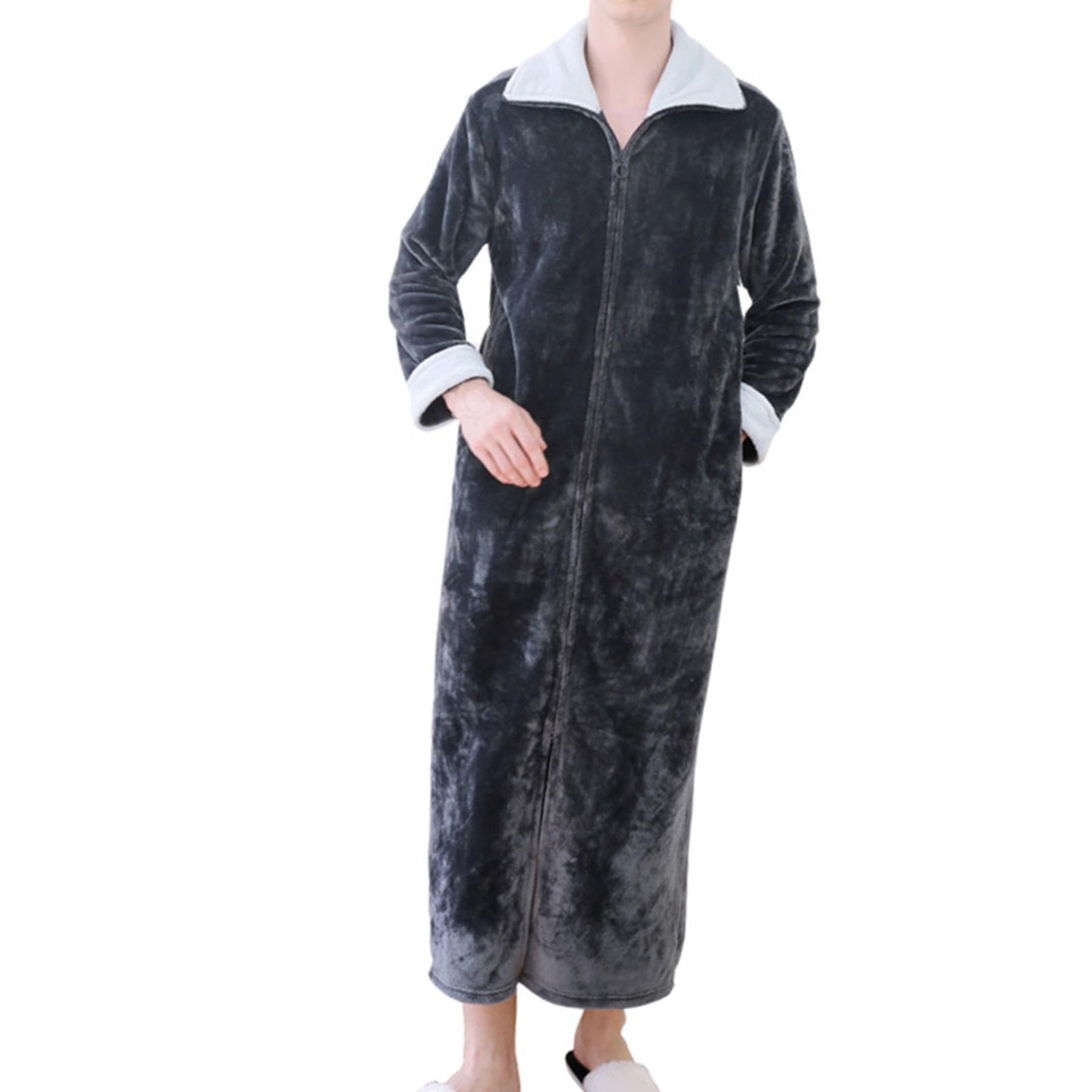 Wearable Blanket Sweatshirt Long Zipper Front Nightgown Thick Onesie Pajamas Men Grey Green XL