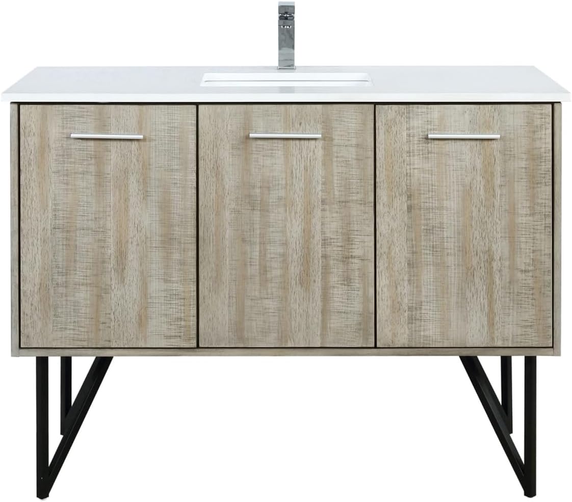 Урд view of the Rustic Acacia Wood Bath Vanity with white quartz top and chrome faucet.