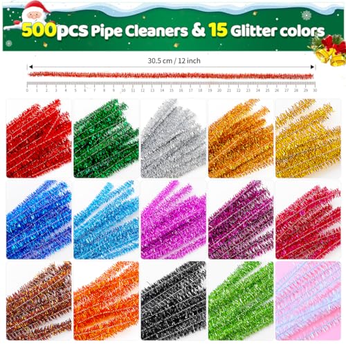 Image of IOOLEEM 500pcs Glitter Pipe Cleaners for Christmas | Chenille Stems for DIY Flower Making & Festival Decor & Party Projects, Pipe Cleaner Crafts, Art and Craft Supplies