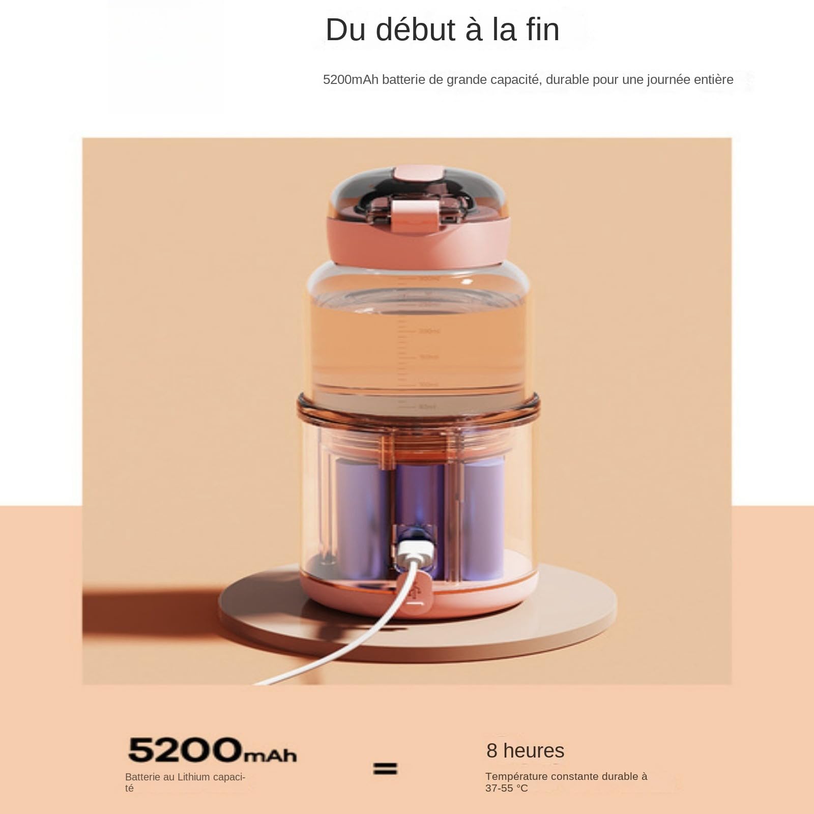 Chauffe-Eau portatif,Chauffe-Eau Portable pour Formule bébé Capacité de 300/400 ML,Chauffe biberon Nomade sans Fil,Facile à Transporter et adapté aux Voyages, Fonction de Charge USB