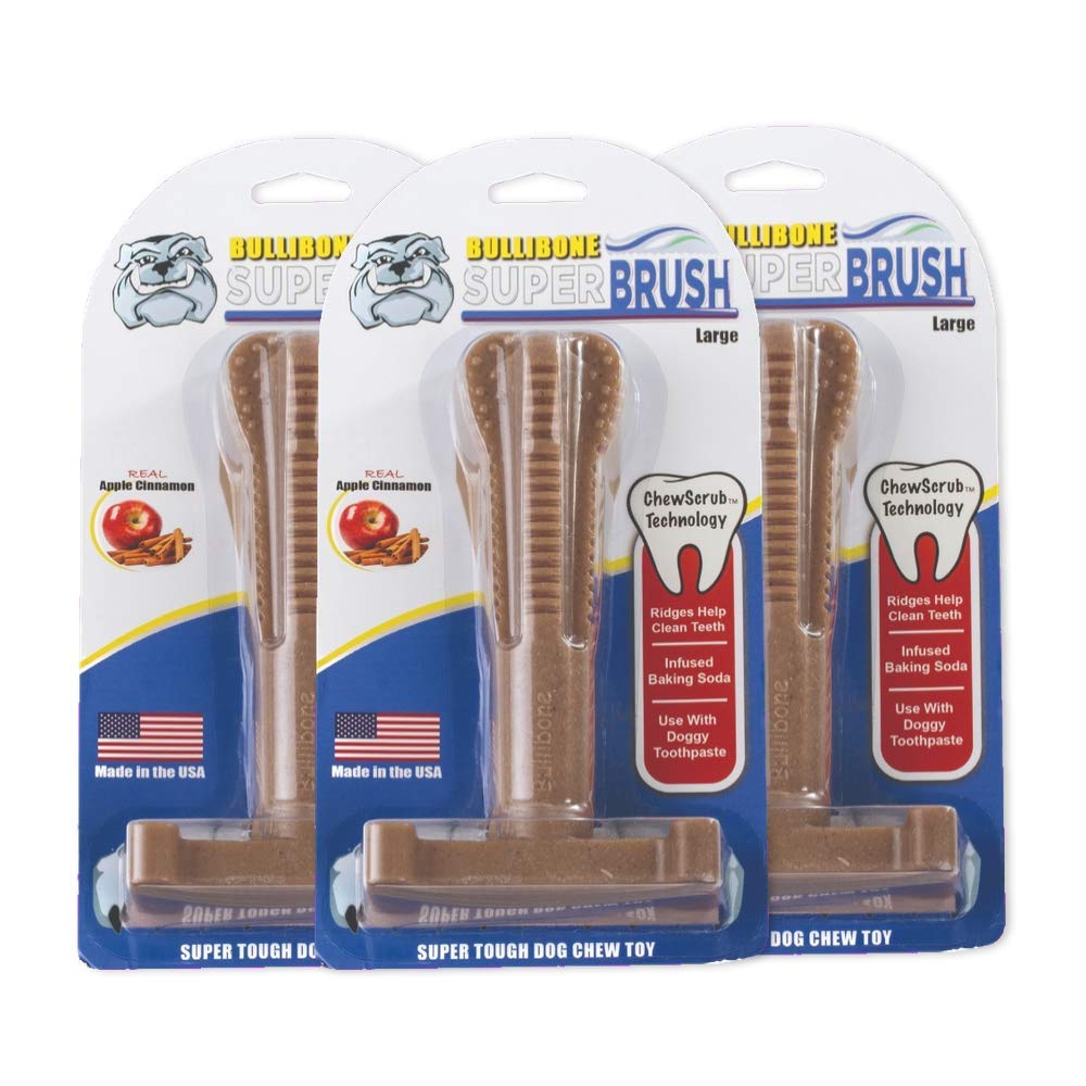 Bullibone SuperBrush: Dog Teeth Cleaning Brushing Toothbrush Stick - Long Lasting Nylon Apple Cinnamon Chew Toy for Oral Care and Dental Health