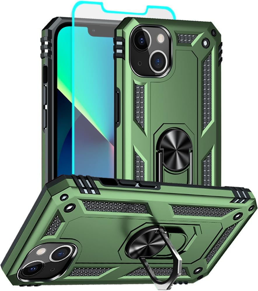 Aozuoton for iPhone 13 Case, iPhone 13 Phone Case, [Military Grade 16ft. Drop Tested] Ring Shockproof Protective Phone Case for iPhone 13,Army Green
