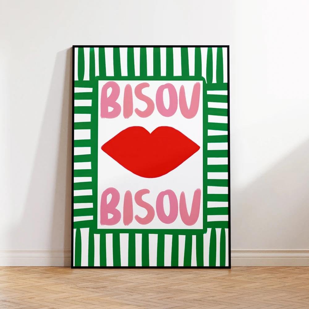Baibexing Pink Maximalist Eclectic French Quotes Bisou Bisou Bonjour Bonne Nuit Wall Art Canvas Painting Posters Living Room Home Decor A1 60X90cm Unframed