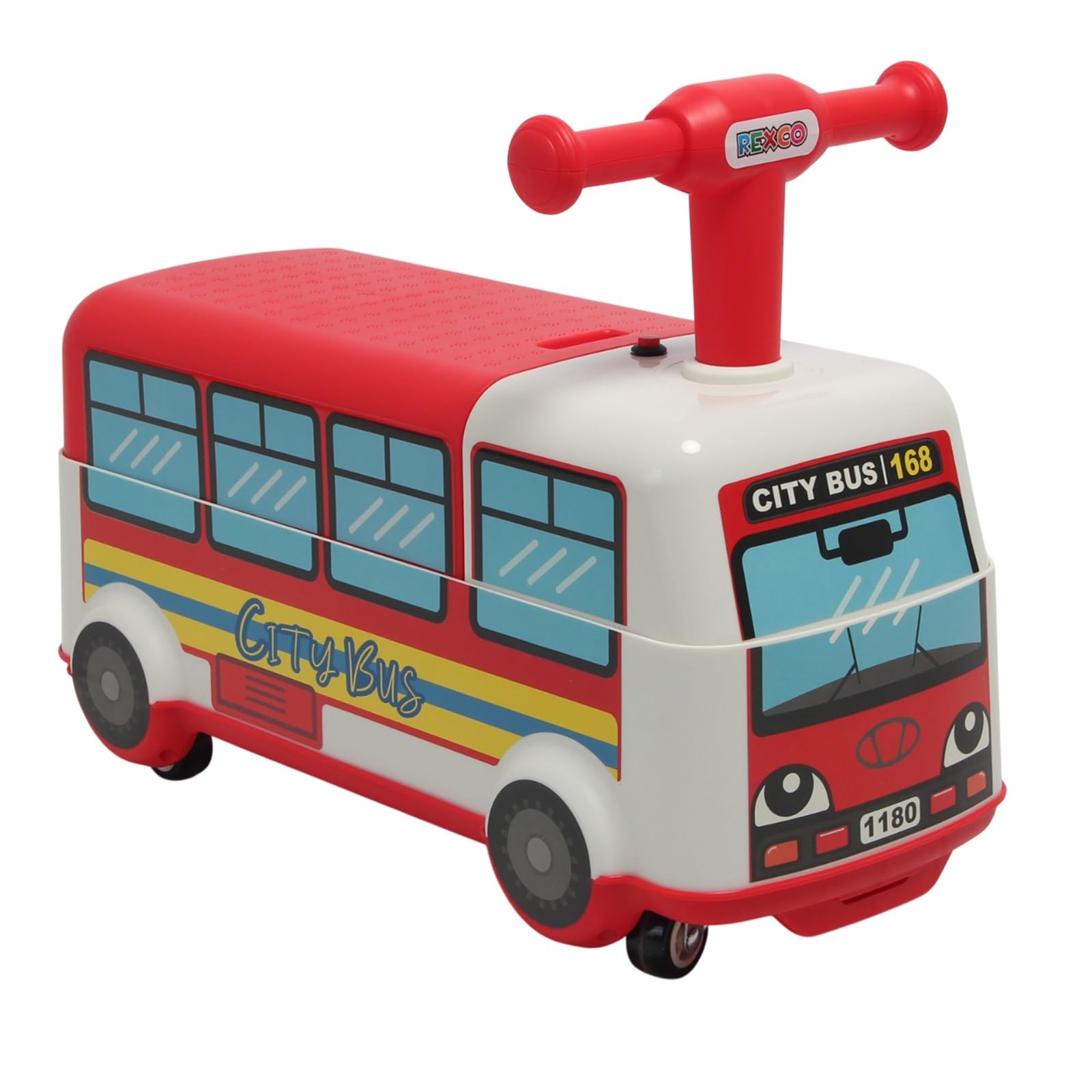 Rexco Ride On Big Red Bus Childrens Kids Toy Push Along Walker Car Foot To Floor Interactive Music Light Sound Baby Toddler Infant Vehicle