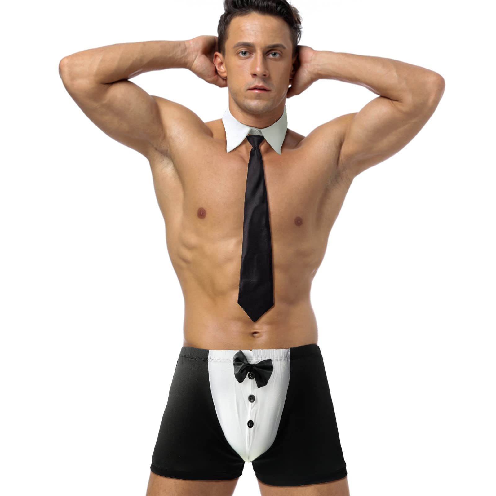 Evankin Men's Boxer Briefs Mesh Sexy Gentleman Lingerie Waiter Underwear Butler Cosplay Outfits Bow Tie Cuffs 3 Pieces Set, Medium