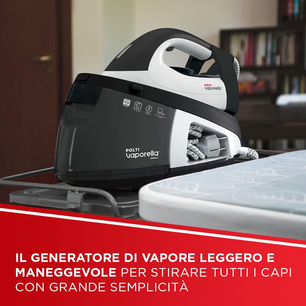 Polti Vaporella Simply VS20.20, Ferro da Stiro Generatore di Vapore, Serbatoio Estraibile 1,5 L, Pressione Pompa 6,5 Bar, Potenza 2200 W, Funzione ECO, Bianco e Nero