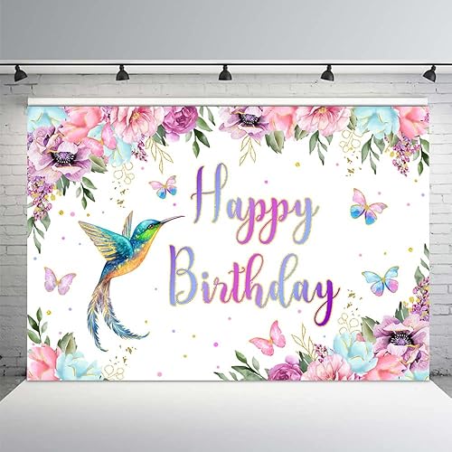 MEHOFOND Fondo de cumpleaños de colibrí de 7 x 5 pies, fondo floral de acuarela de primavera para niña, suministros de fiesta de primer cumpleaños,