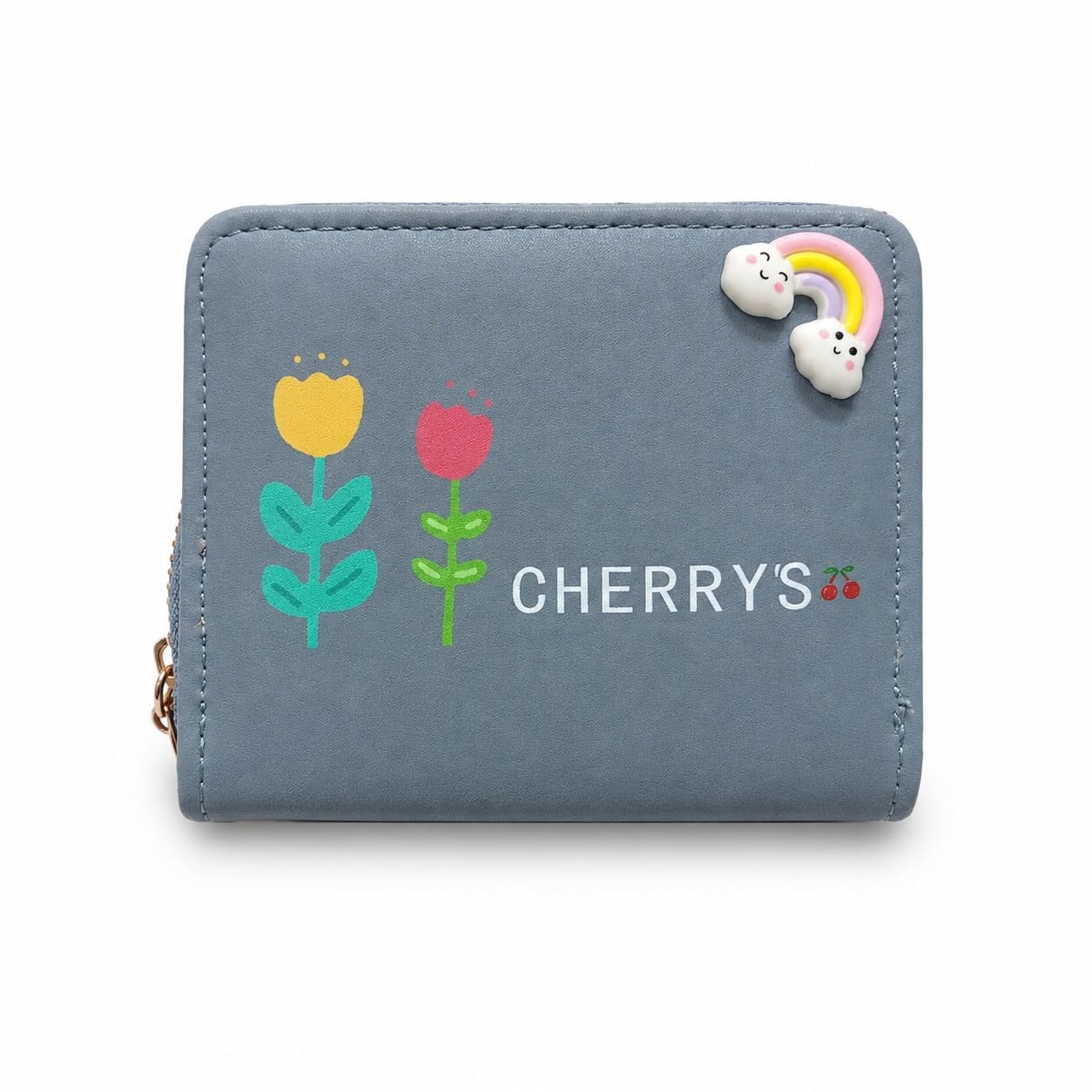 cherry's women's small wallet for girls | cute floral printed pu leather zip wallet with rainbow charm | compact purse with multiple compartments (grey)