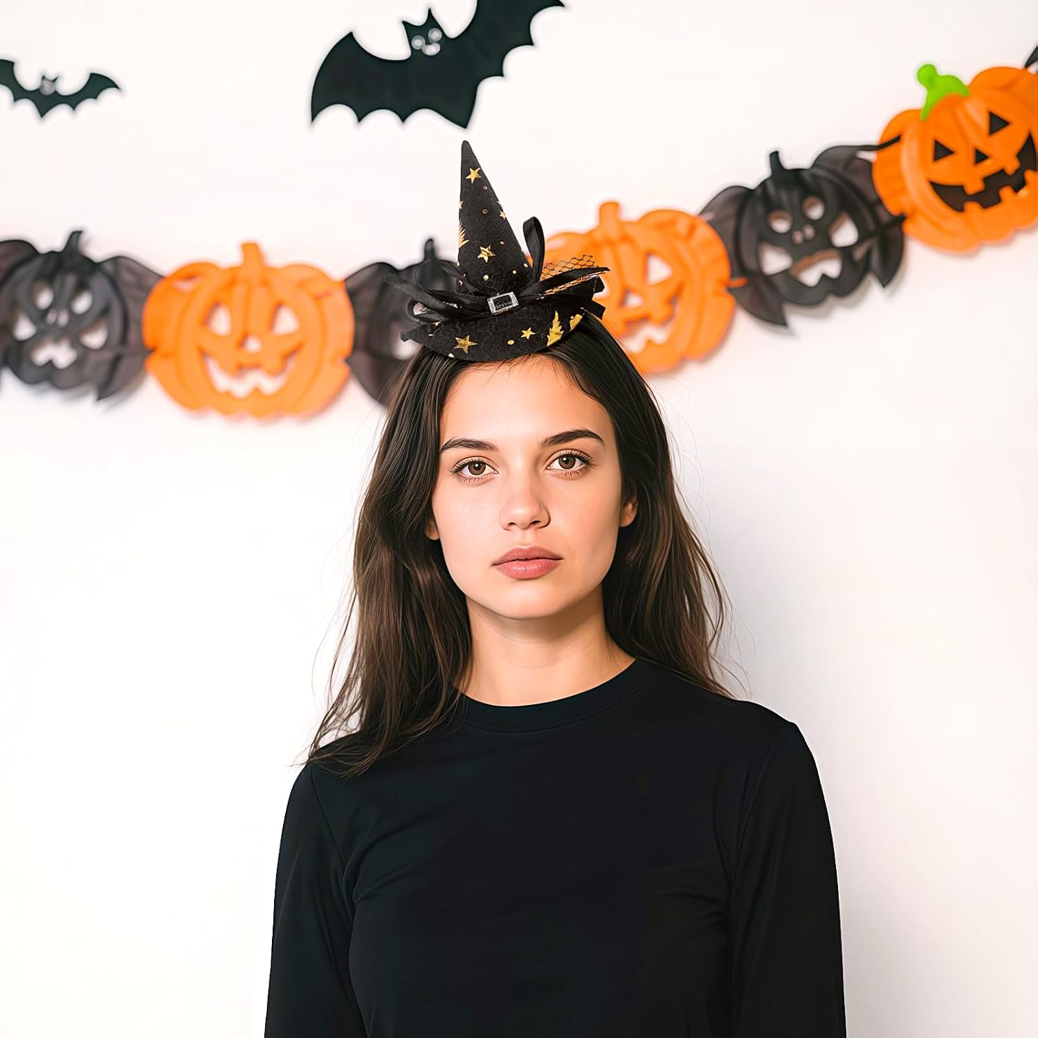 Doneace Halloween Headband Witch Hat Headband Glitter Pumpkin HairBand for Women Adults Cosplay Makeup Costume Decoration Party Supplies Halloween Hair Accessories (Glitter Black) image 3