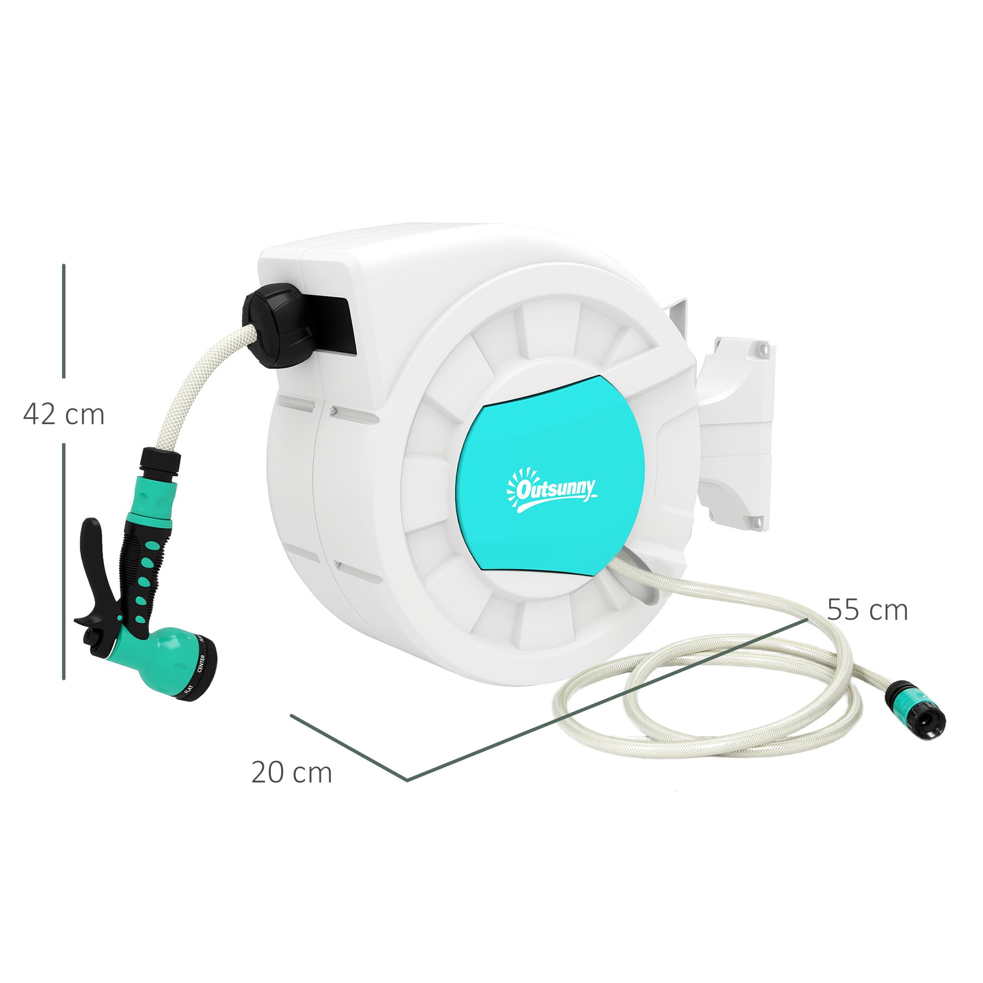 Outsunny Avvolgitubo da Giardino Retrattile con Tubo dell'Acqua 25+2 m, Avvolgitubo da Parete Girevole a 180°, Avvolgitubo Automatico con Blocco e 7 Getti per Irrigazione in PP, Verde e Grigio Chiaro