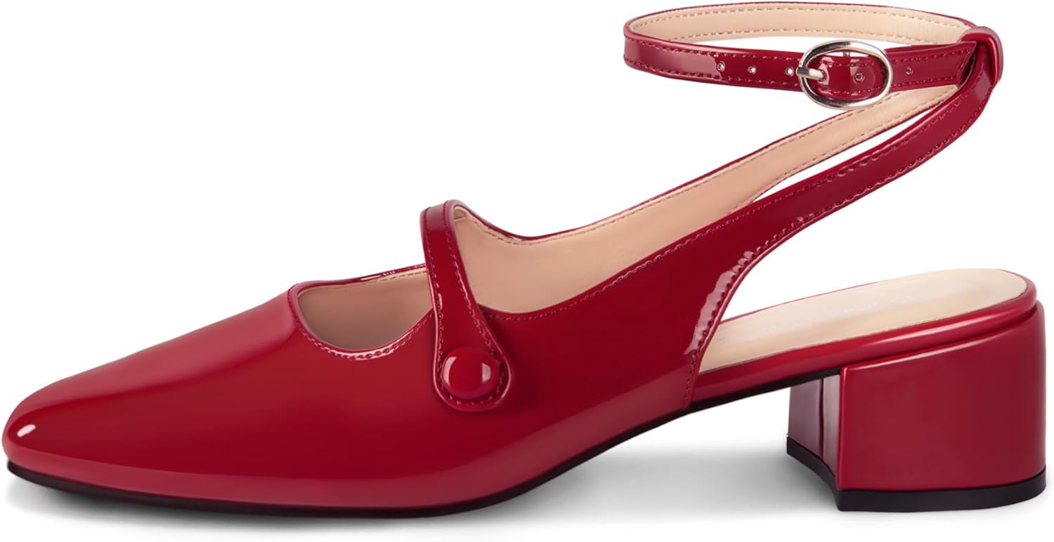 Womens Mary Jane Chunky Low Heels Closed Ankle Strap Square Toe Pumps Wedding Dress Party Shoes,Red Pu,9 - Image 4