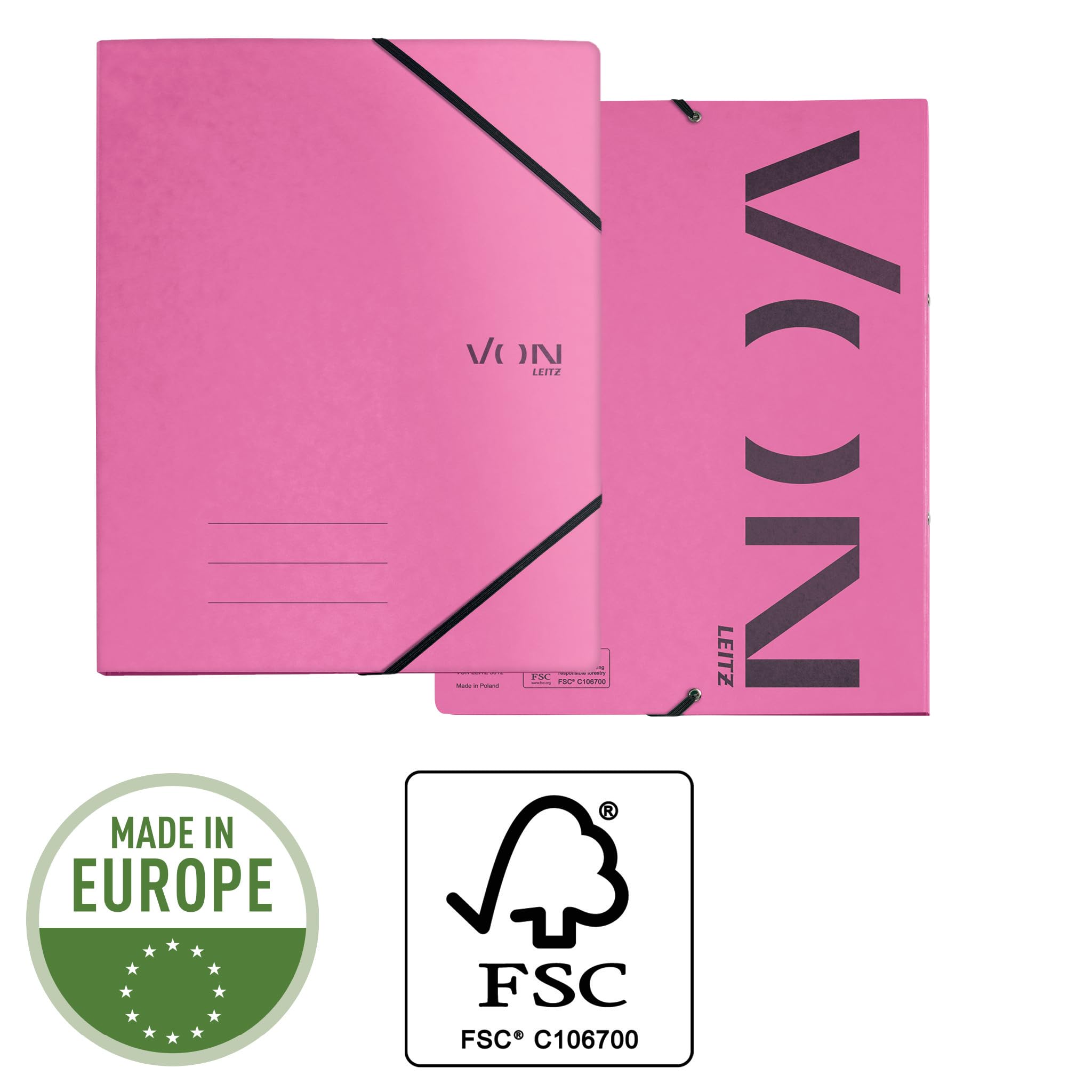 VON Leitz Ringbuch A4, Karton, Mit 2 Ringen und Gummibandverschluss, 25 mm Rückenbreite, Für 140 Blatt, Ringmechanik, Für Schule, Studium & Zuhause, 5 Stück, Fuchsia, 30120022