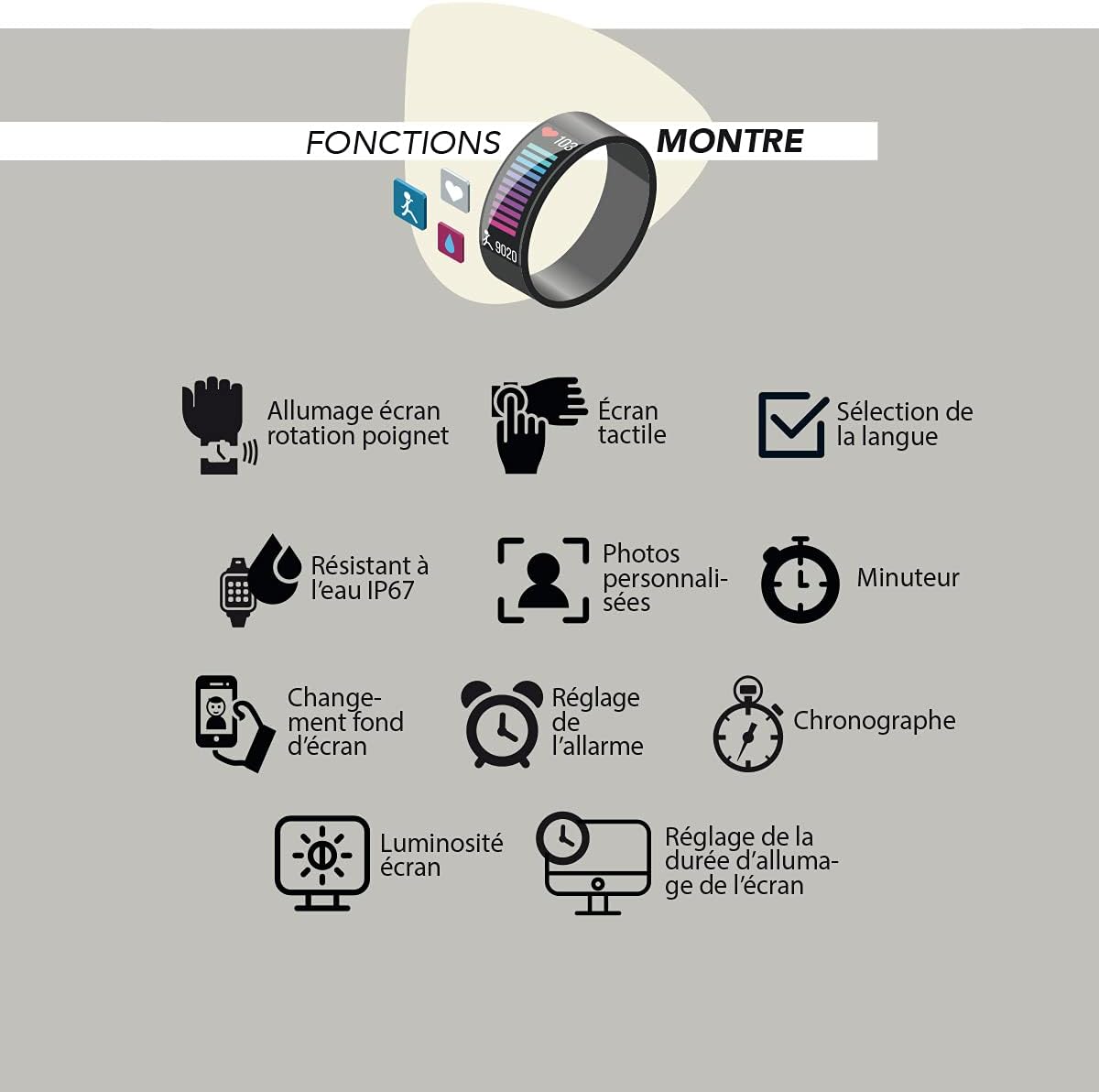 Smartwatch display showing language selection and other watch functions
