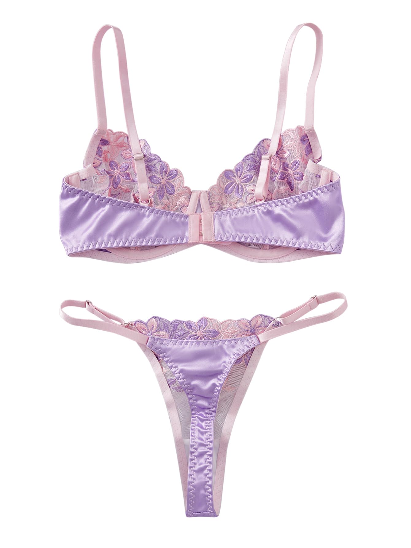 Lilosy Sexy Satin Mesh Floral Sheer Embroidered Underwire Lingerie Set 2 Piece Women Push Up See Through Matching Bra Panty Print Royal Blue Medium: Flower Small Flower Light Purple