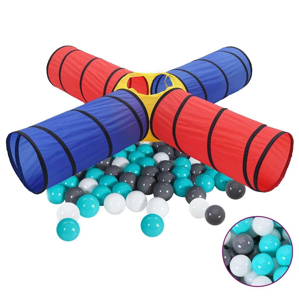 Spieltunnel mit 250 Bällen Mehrfarbig, Polyester und Stahl, 250x250x48 cm, 4 Tunnel, faltbar für Kinderzimmer und Garten, Krabbeltunnel für Kinder, Outdoor und Indoor Spielhaus