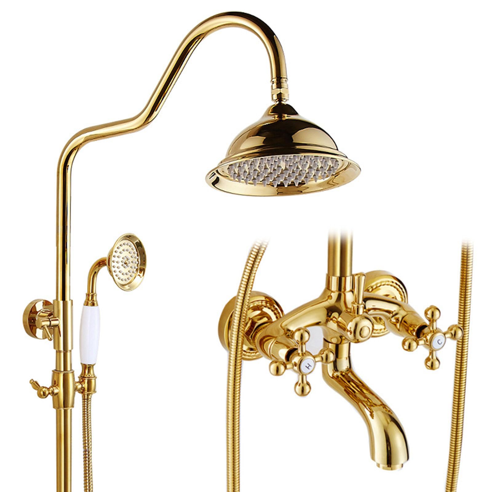 Conjunto de Ducha Retro Columna Ducha Vintage Laton con Grifo y Altura Ajustable Oro