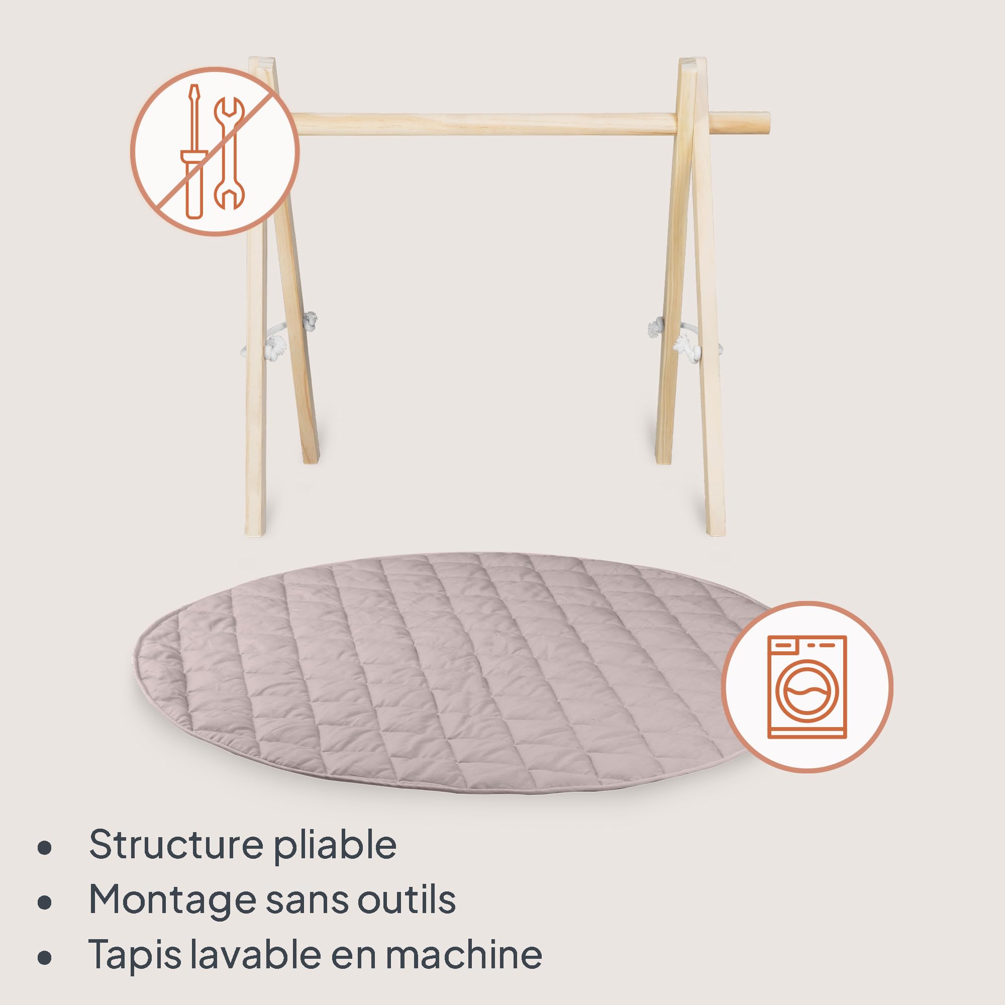 LIONELO Anis Ensemble d'éveil avec arche de jeu pliable en bois et jouets détachables, grand tapis d'éveil en coton de 100 cm, doux et antidérapant (2 cm d'épaisseur), tapis d'éveil