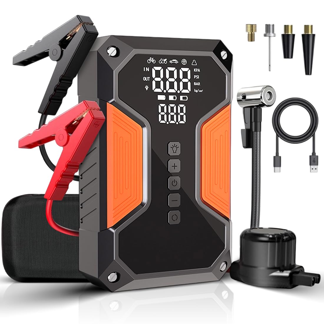 Arrancador de Baterias de Coche con Compresor de Air, 6000A Arrancador de Coche Portatil (para 9L Gasolina o 6.5L Diesel) con 150PSI Inflador, Pantalla Grande y Linterna LED