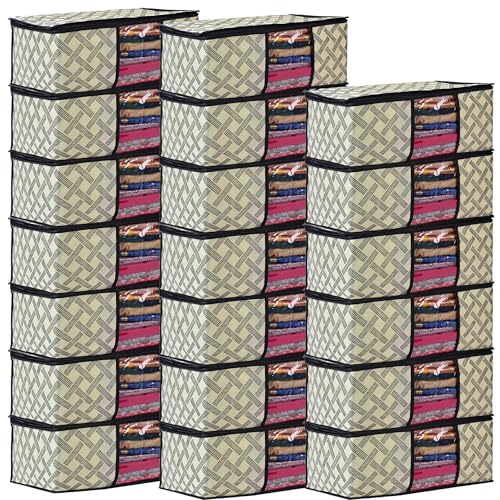 Image of Non-Woven Saree Covers with Zipper and Transparent Window - Clothes Storage Bag for Wardrobe Organization (Yellow Black, PACK OF 20)