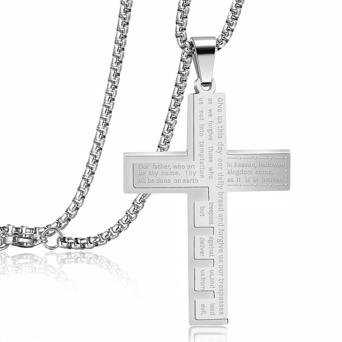 gustave Stainless Steel Cross Pendant Necklace for Men, Religious Scripture Engraved Lord's Prayer Cross Chain, Urban Streetwear Punk Gothic Statement Jewelry with Link Chain-picture-25