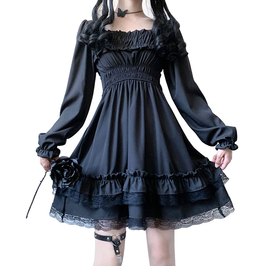 BooWBlack Gothic Lolita Pleated Mini Dress Laides Square Neck High Waist Long Sleeve One Piece