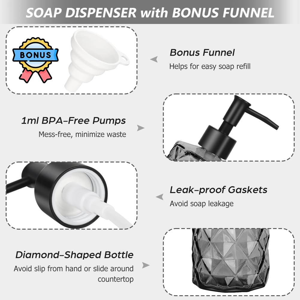 Dispenser di sapone in vetro trasparente, 325 ml, set da 3, dispenser di sapone nero con pompa in plastica resistente alle intemperie, ricaricabile, dispenser di sapone liquido da cucina, bagno, per
