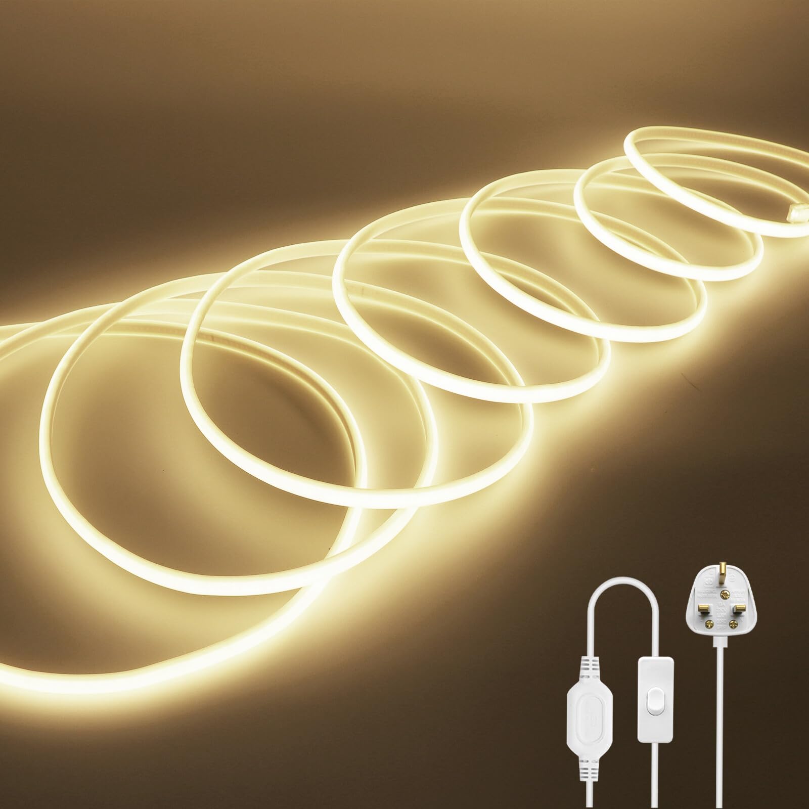 Wisada 220V COB LED Neon Light Strip with On/Off [5m, Natural White 4000-4500K], IP65 Waterproof Flexible，288 LEDs/m Cuttable FCOB LED Rope Light, DIY Design, Home Store Decorative Light Strip
