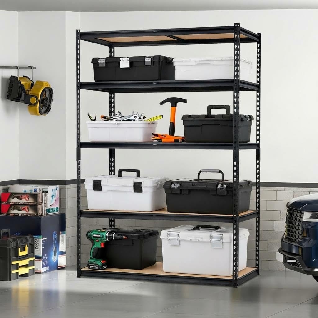 Heavy Duty 5-Tier Garage Storage Rack – Adjustable Metal Shelving Unit, 2500 lbs Capacity, 48"W x 18"D x 71"H, Boltless Steel Frame, MDF Boards – For Basement, Pantry, Laundry, Warehouse