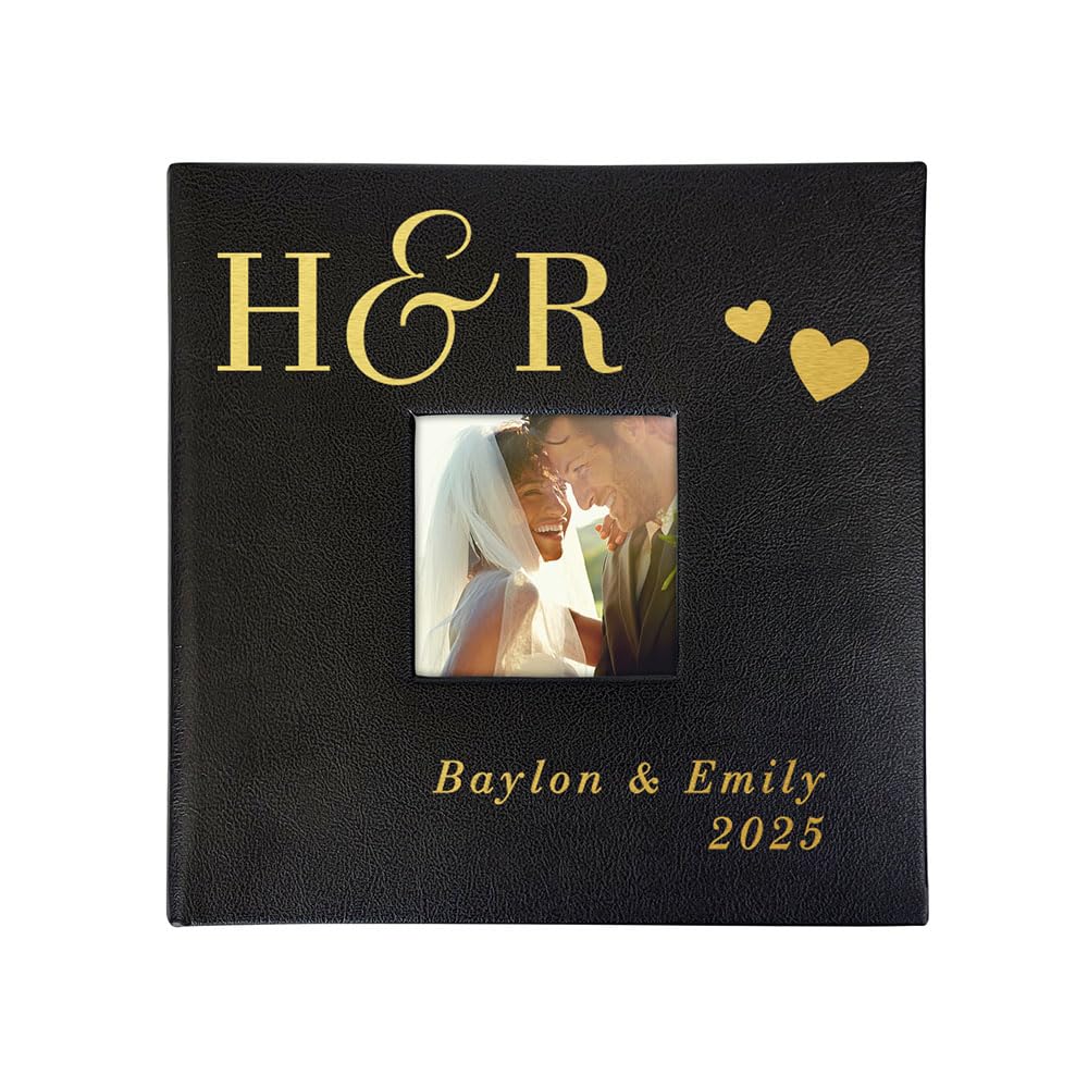Personalized Wedding Photo Album, Holds 200 4" x 6" Photos, Engraved Couples Initials Leatherette Picture Album, Wedding Engagement Gift, Black Photo Album