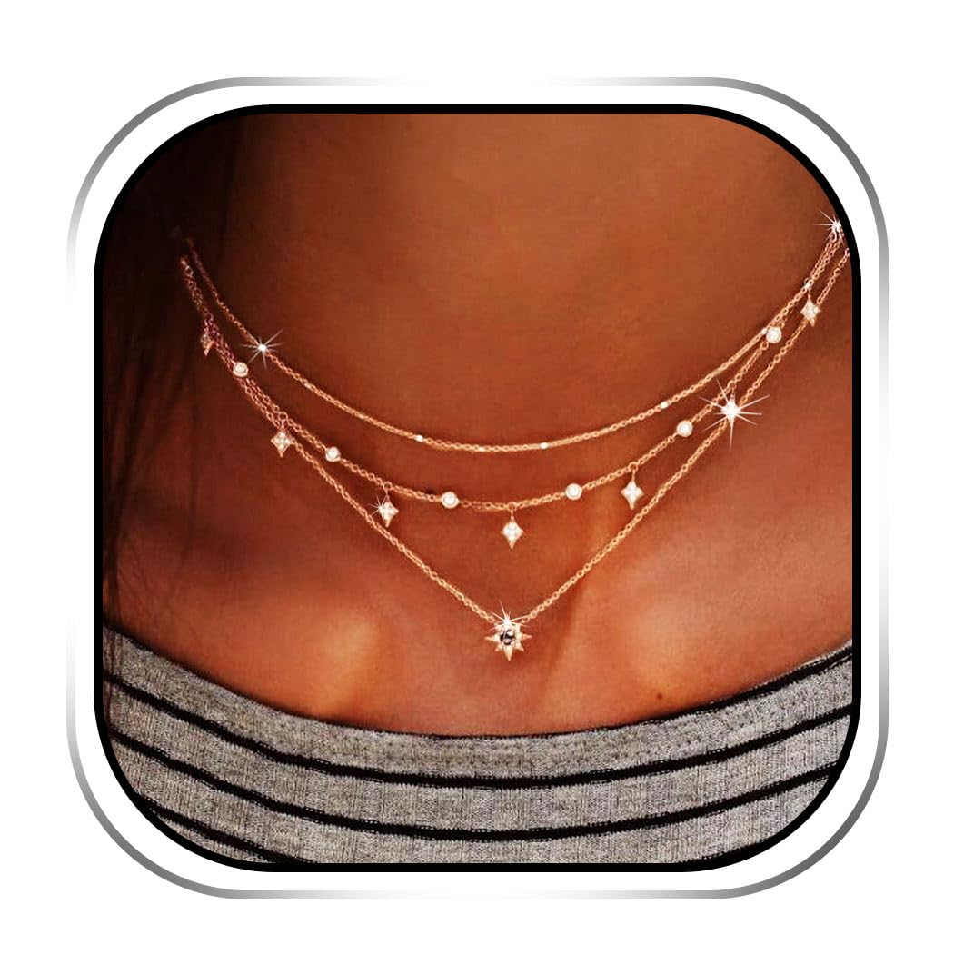 HandcessBoho Layered Necklace Gold Rhinestone Choker Necklaces Chain for Women