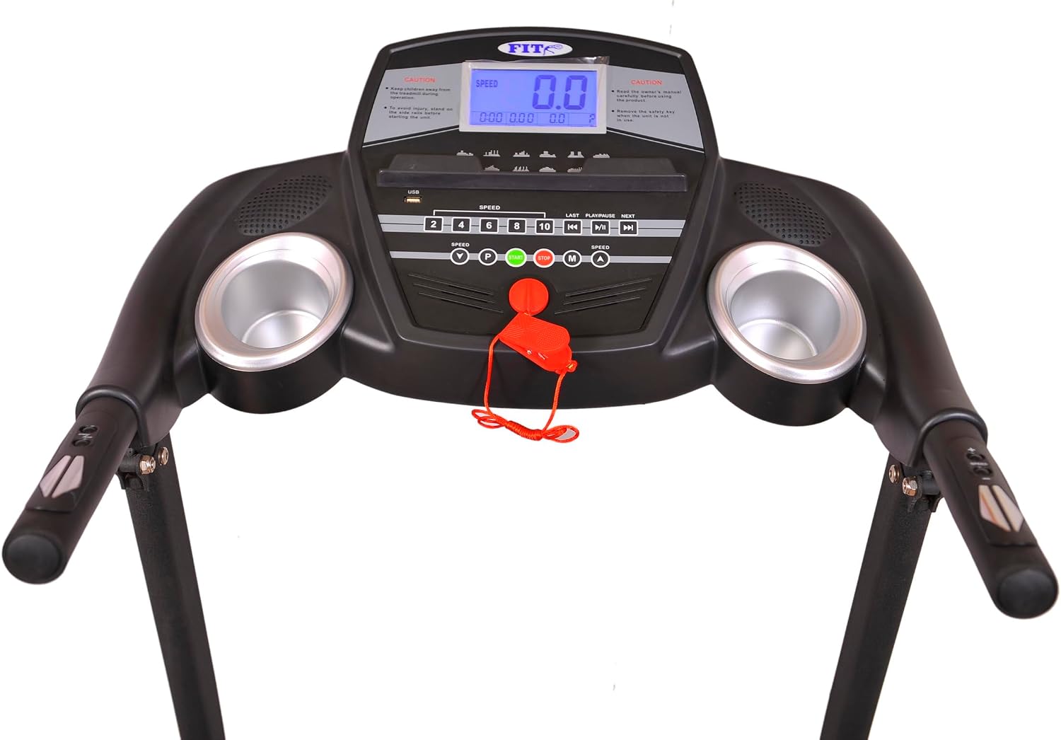 Close-up of the Fit GHNC-140S treadmill console with LCD screen and control buttons.