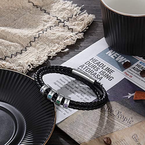 kaululu Father's Day gift for Dad Custom Leather Bracelet for Men with 1/2/3/4/5/6/7/8 Birthstones Engraved Stainless Steel Beads Personalized Names Bracelet for Father's Day gift for Men3