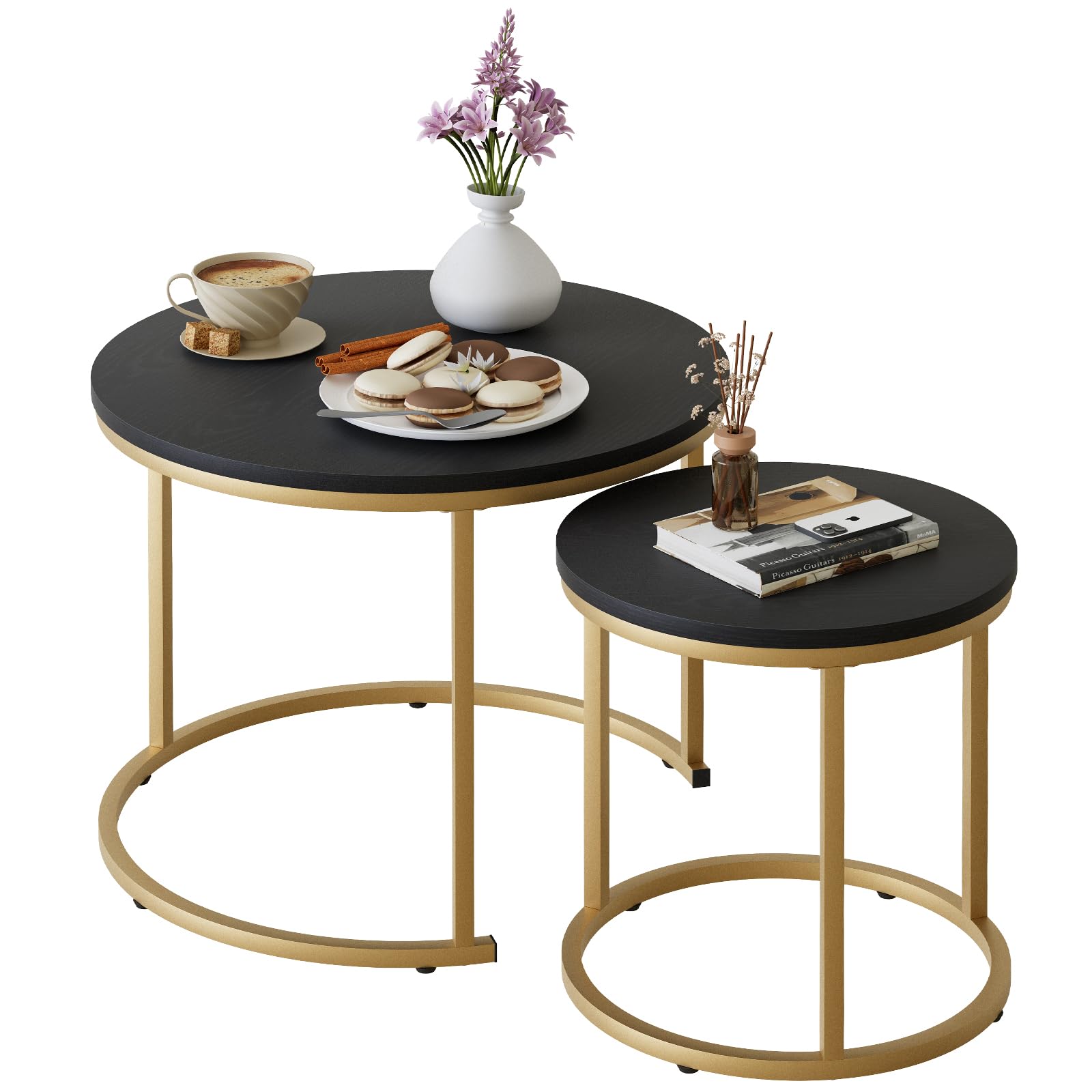 coffee table nesting set of 2 round end table accent side stacking tables black wood with sturdy metal frame, modern living room table sets industrial nightstand