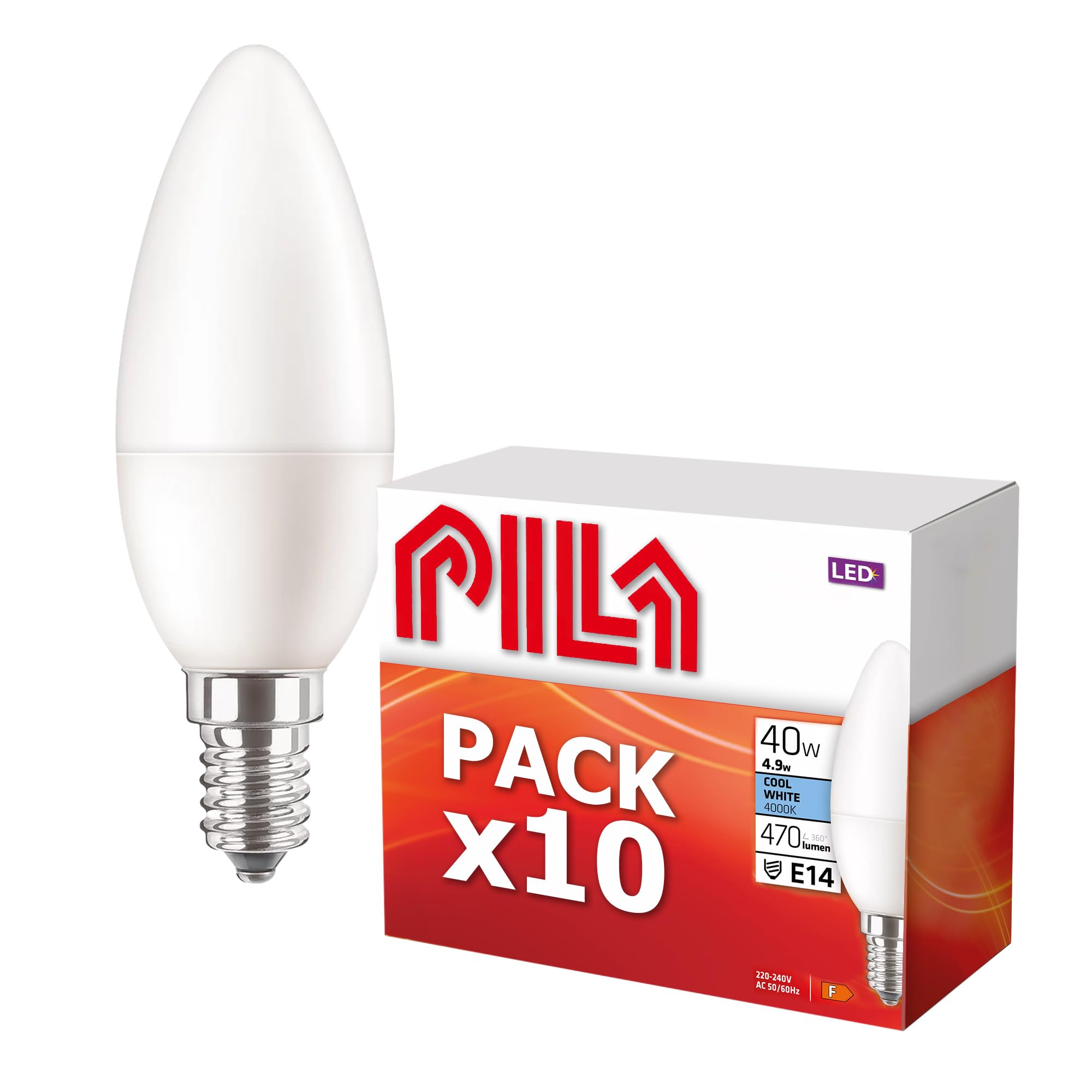 PILA 10er-Pack LED-Kerzenlampen, Slim Cap (E14), 4,9 W (= 40 W Glühlampe), 470 Lumen, nicht dimmbar, neutralweißes Licht (4000 K), CRI80, 15.000 h Lebensdauer Beleuchtung