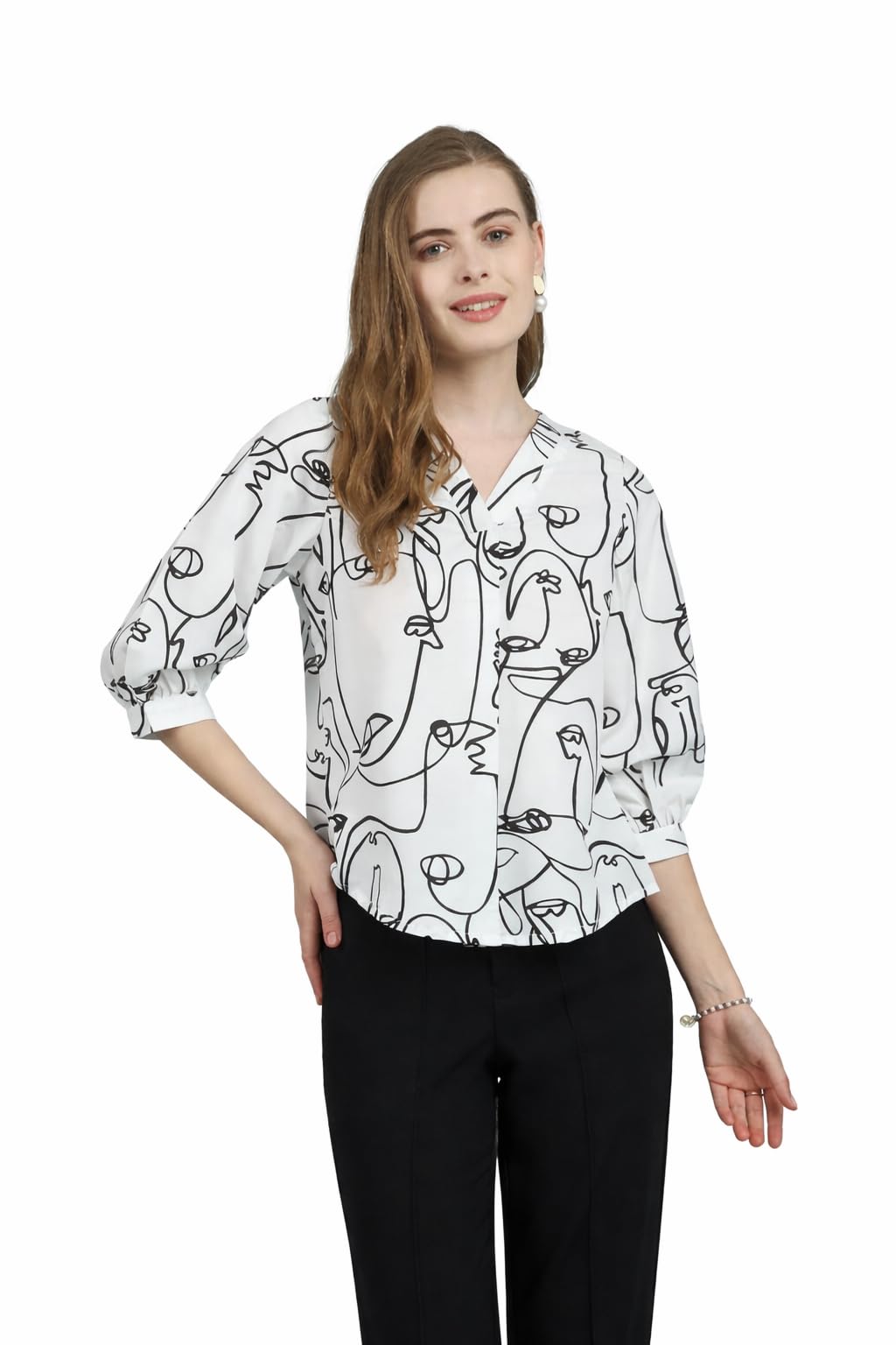 Women Abstract Printed White V Neck Top, Three Quarter Sleeve, Regular Fit, Casual Office Wear-picture-14
