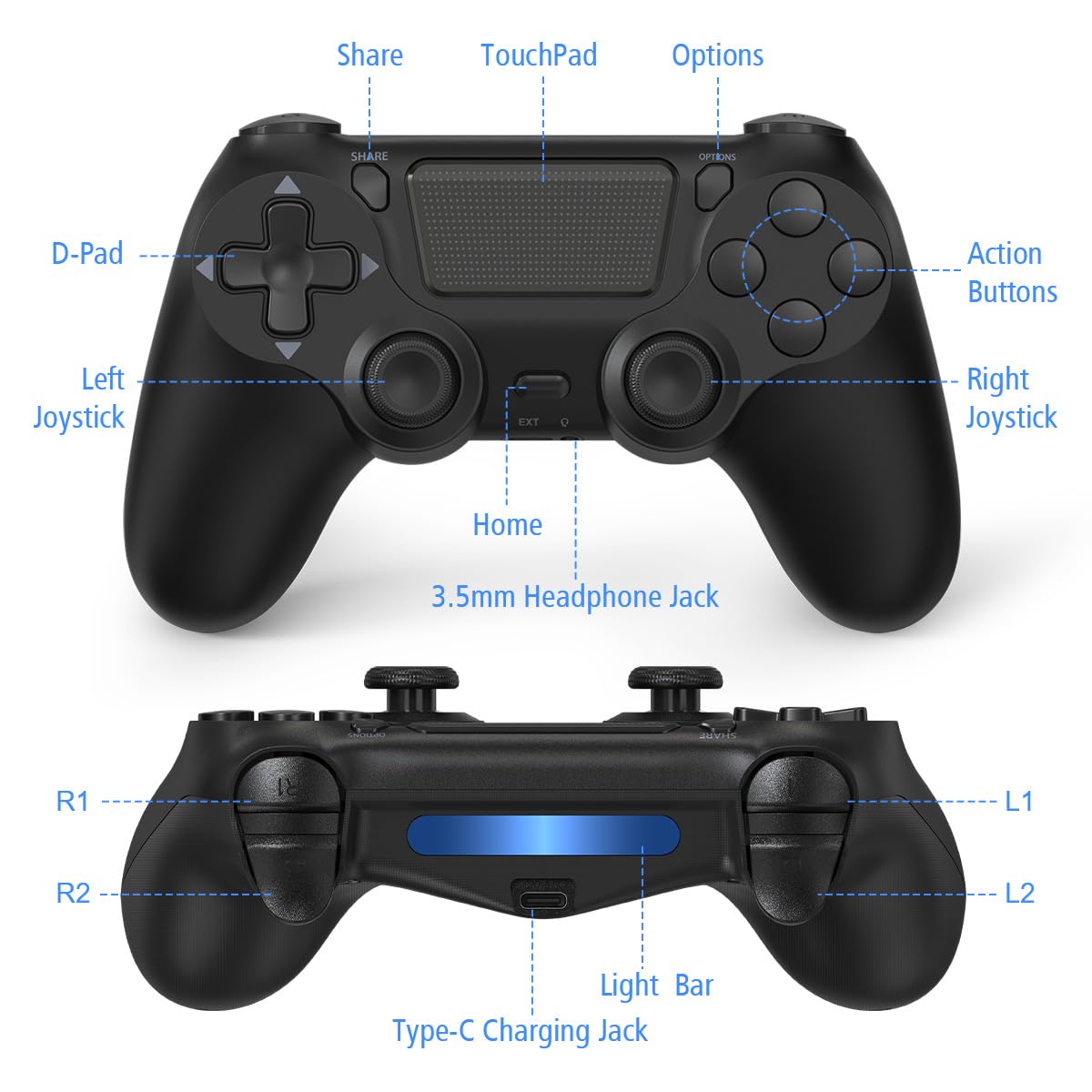 FASIGO 2 Pack Wireless Controller for PS4 Slim/Pro, 20hs Rechargeable Controller with Dual Vibration, Ergonomic Grip, Compatible with playstation 4 (Black) [PlayStation 4] - Image 5