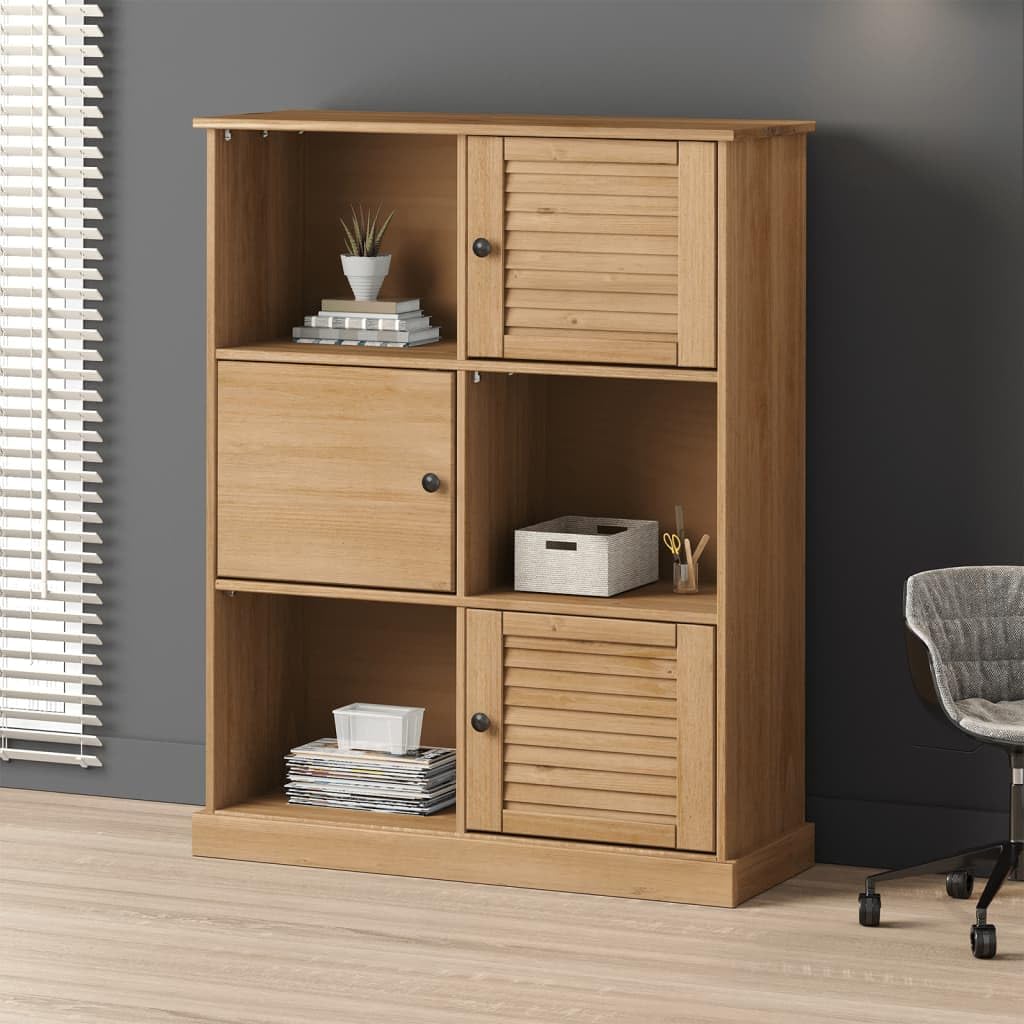 Libreria VIGO in legno di pino massiccio, 90 x 35 x 114,5 cm, con 6 scomparti e porte, spazio per libri, cartelle, documenti, salvaspazio, come divisorio per soggiorno, ufficio, cameretta