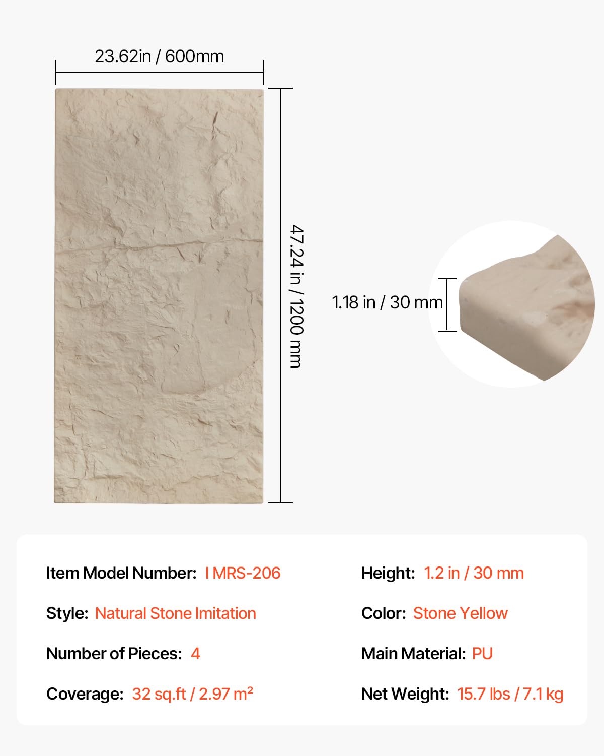 VEVOR 3D-Wandpaneele, 4er-Set 120x60 cm PU-Naturstein-Imitat-Wandverkleidung, Wanddeko, 2,97 m² Deckkraft, Inneneinrichtung für Decke, Schlafzimmer, Wohn- und Spielzimmer, Steingelb