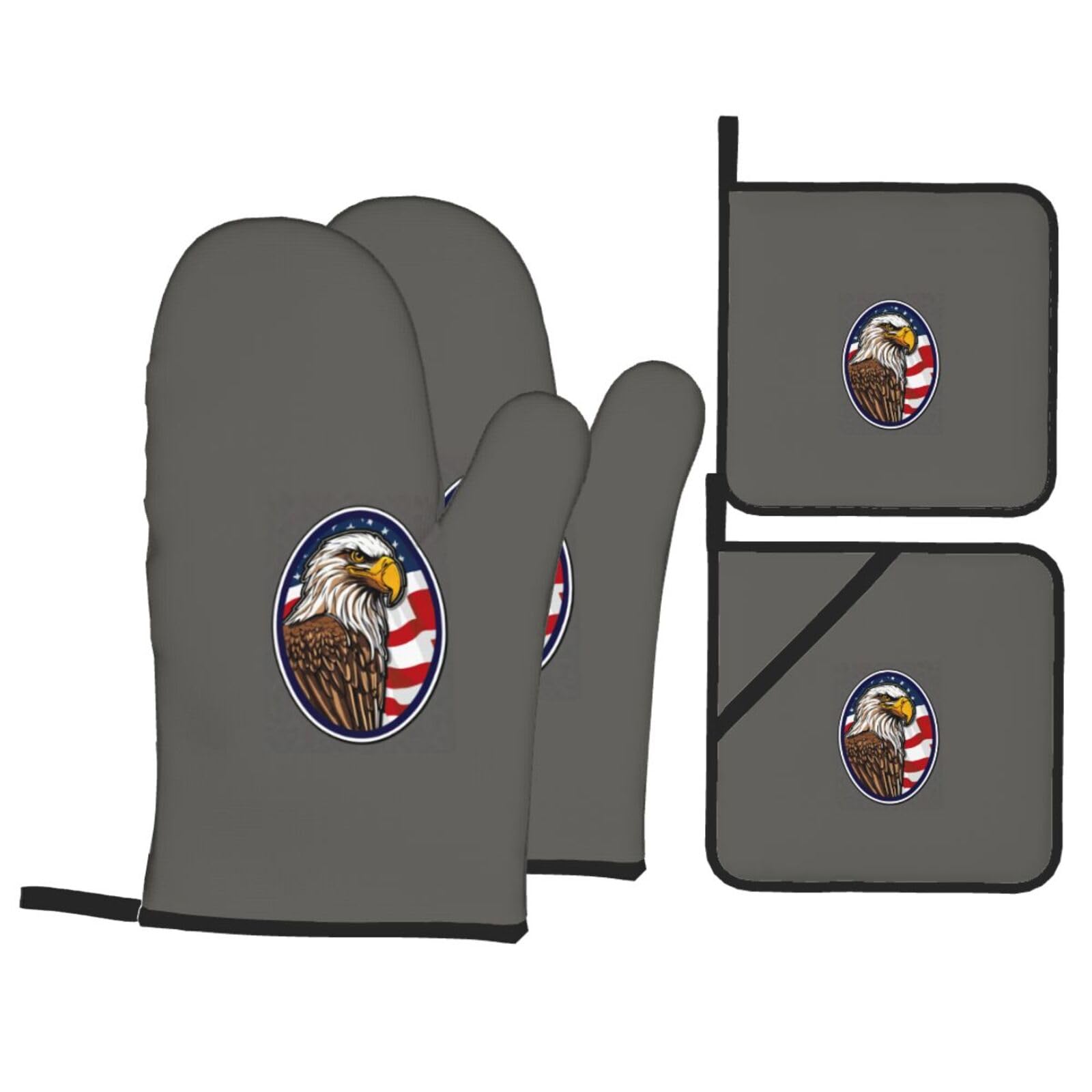 American Bald Eagle Print 4-Piece Oven Microwaving Set Waterproof Kitchen Gloves for Baking Grilling Cooking